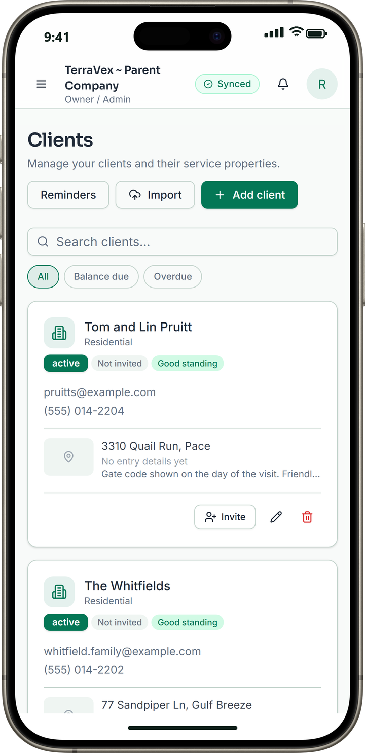 Customer records with their properties and access notes.