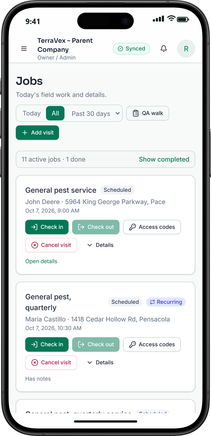 The jobs list with check-in, check-out and access codes on each visit.