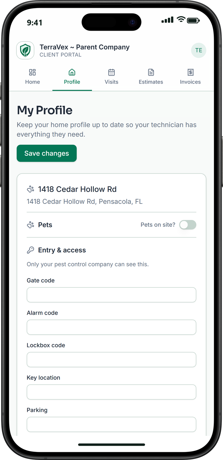 The customer's profile in the portal: property, pets on site, gate and access notes, pest control preferences.