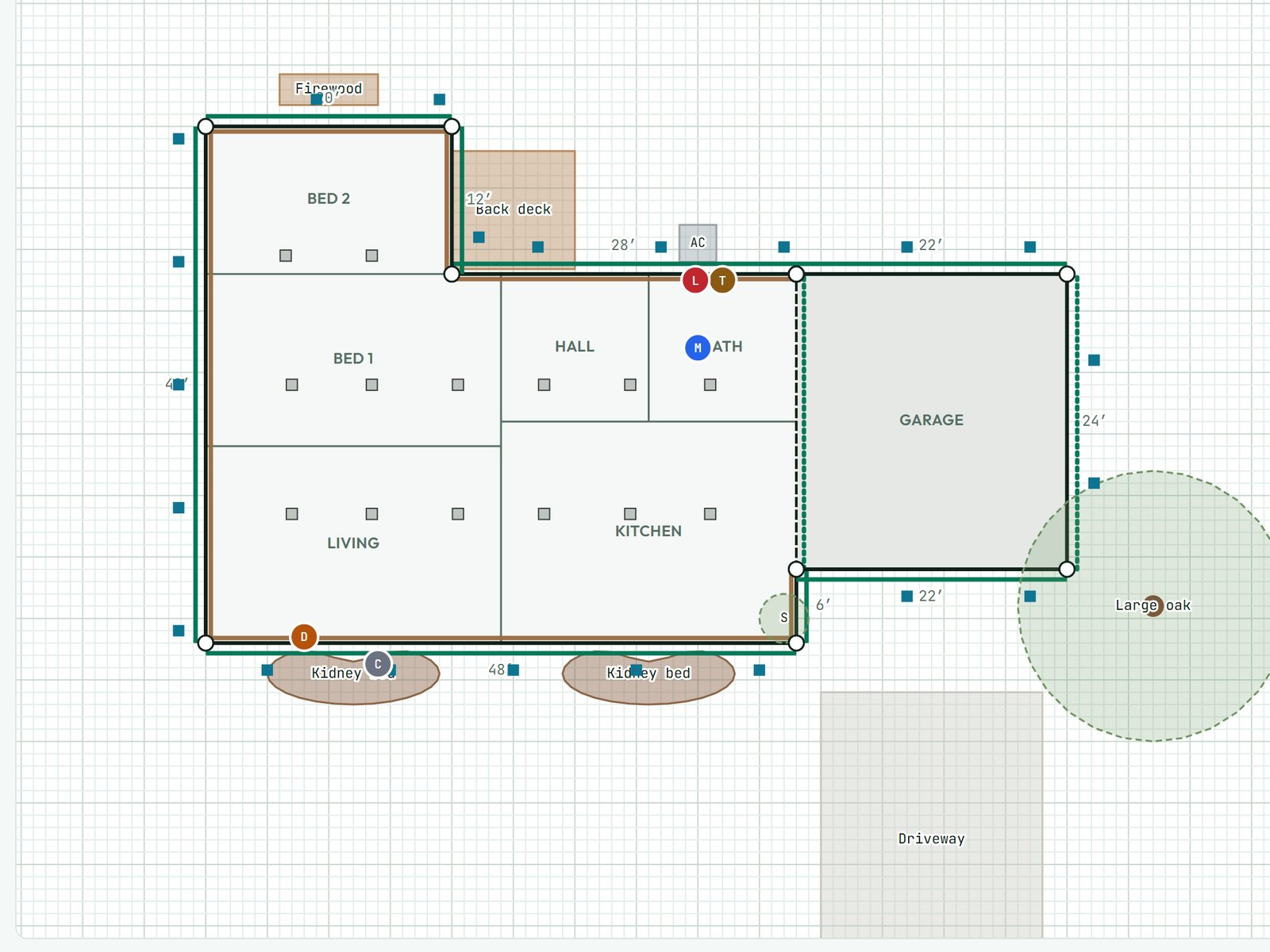 A graph-paper plan of a house with rooms, a garage, flower beds, a tree and a driveway, with wall lengths marked.
